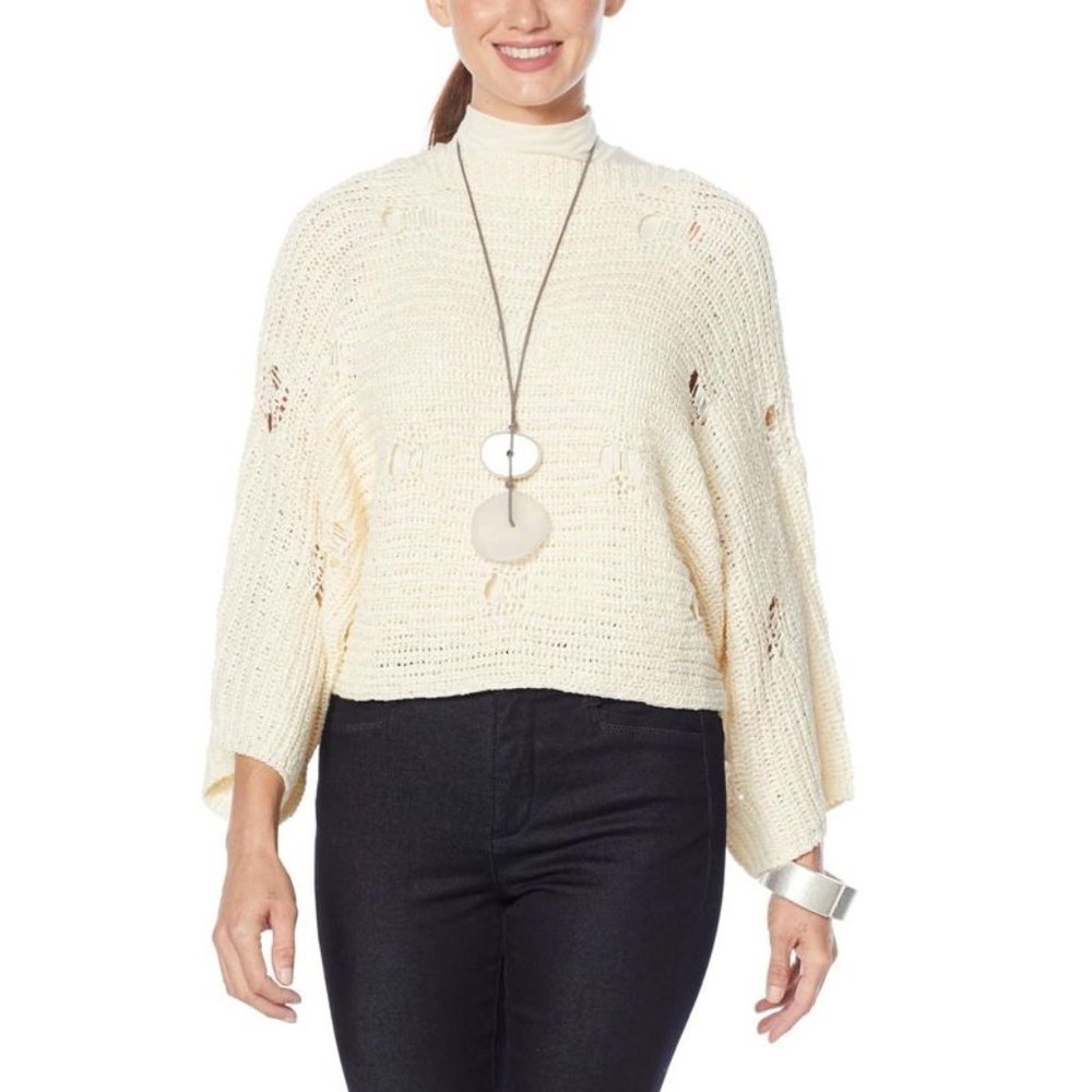 WynneLayers Open Stitch Distressed Look Sweater Knit Popover in Ecru